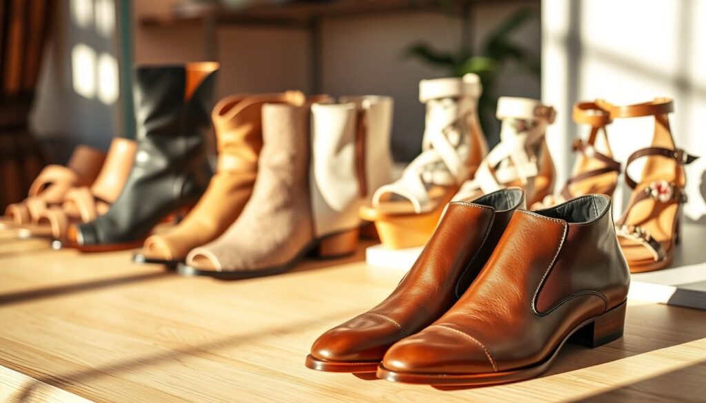 A beautifully arranged display of seasonal footwear featuring Ara's semi-formal shoes, ankle boots, and sandals for different times of the year. In the foreground, showcase a sleek pair of elegant semi-formal shoes in rich leather, accented by a subtle shine. In the middle ground, an assortment of stylish ankle boots with unique textures and colors, alongside chic sandals adorned with floral patterns and soft straps. The background is a serene, softly lit setting, reminiscent of a cozy boutique, with muted pastel tones and gentle shadows enhancing the atmosphere. Use warm, inviting lighting to create an appealing mood; a slightly blurred background to keep the focus on the footwear. The angle captures the shoes from a slight side perspective for a dynamic view, showcasing the craftsmanship and design details.