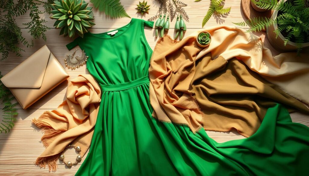 A beautifully arranged flat lay of fashion accessories and fabrics complementing a green dress. In the foreground, showcase a vibrant emerald green dress draping elegantly alongside various accessories like a stylish clutch, metallic earrings, and a delicate scarf in beige and gold tones. In the middle ground, display luxurious fabrics, such as silk and velvet, in earthy shades—olive green, soft cream, and muted taupe—adding depth and texture. The background features a subtle wooden surface, adorned with various plants like ferns and succulents, creating a lush atmosphere. The scene is softly lit with warm, natural light, casting gentle shadows to enhance the luxurious feel. The composition should convey a harmonious blend of color and texture, inspiring thoughtful combinations for a polished look.