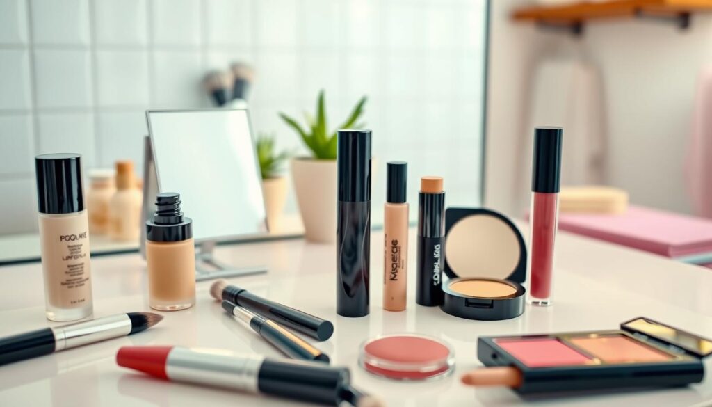 A beautifully arranged makeup kit for beginners, showcasing essential products like foundation, concealer, mascara, blush, and lip gloss. The foreground focuses on vibrant, well-lit makeup items laid out on a soft, pastel-colored vanity. In the middle ground, a stylish makeup brush and a compact mirror reflect the bright, natural light in the room. The background features a subtle, blurred setting of a cozy, modern bathroom with soft white tiles and a hint of greenery from a small plant. The scene is illuminated with warm, inviting lighting, creating a friendly and approachable atmosphere. The overall mood should feel welcoming and inspiring, perfect for beginners exploring the world of makeup.