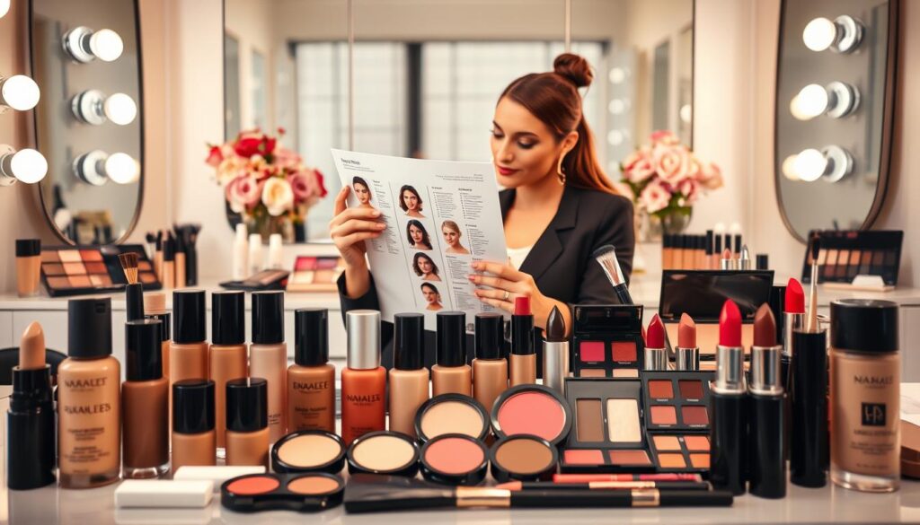 A beautifully arranged makeup selection tailored to various skin types and beauty shades. In the foreground, showcase an inviting display of foundations in different shades, blended seamlessly with blushes, eye shadows, and lipsticks in a range of colors. The middle ground features a beauty consultant, dressed in professional attire, thoughtfully examining a skin tone chart while surrounded by elegant makeup tools. In the background, a softly lit vanity with mirrors and floral accents creates a serene atmosphere. The lighting is warm and inviting, emphasizing the colors of the cosmetics while casting gentle shadows. The scene should evoke a sense of empowerment and sophistication, guiding the viewer to connect the cosmetics with personal beauty choices.