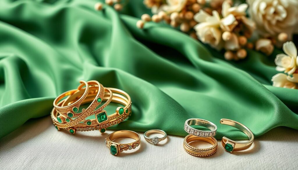 A beautifully styled flat lay featuring elegant bracelets and rings designed to complement a green dress. In the foreground, showcase a variety of intricate bracelets made from gold and silver, embellished with emerald and jade gemstones that resonate with the green hues of the dress. Several rings, including delicate stacking options and bold statement pieces, should be arranged artfully nearby. The middle ground includes a soft-focus, rich green fabric draped elegantly, hinting at the dress's texture. The background is softly blurred with muted floral elements, providing an organic contrast. Use natural, diffused lighting to create a warm and inviting atmosphere, highlighting the glimmer of the jewelry pieces. Capture the scene from a slightly elevated angle to emphasize the arrangement.