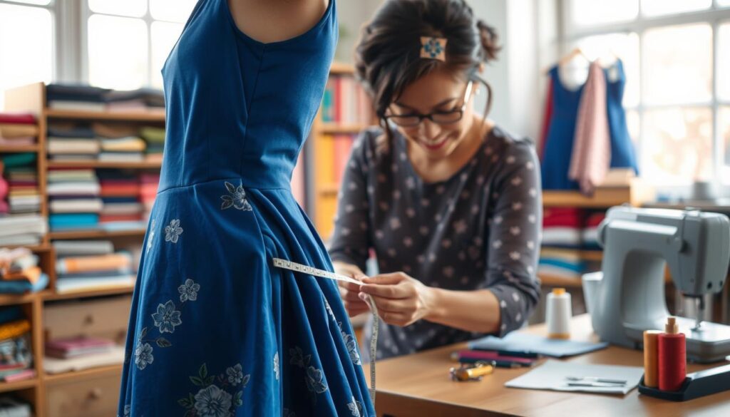 A beautifully tailored dress is being expertly adjusted at the waist, showcasing the process of side alterations. In the foreground, an experienced seamstress with a focused expression is working diligently on the dress, using pins and a measuring tape. The fabric is a vibrant deep blue, with delicate floral patterns, highlighting the elegance of the garment. In the middle ground, neatly organized sewing tools, including scissors, threads, and a sewing machine, are visible on a wooden table, adding a homey touch. The background is softly blurred, depicting a cozy, well-lit sewing room filled with colorful fabrics and a large window allowing warm, natural light to illuminate the scene, creating an inviting and productive atmosphere. The mood is creative and focused on craftsmanship.