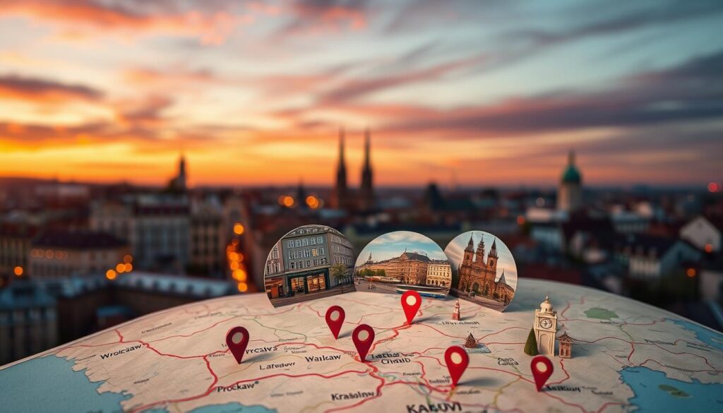 A biographical map showcasing the significant cities that inspired Polish nobelist Olga Tokarczuk, presented in a layered composition. In the foreground, a beautifully illustrated map highlights key locations like Wrocław, Warsaw, and Kraków, with artistic markers representing landmarks associated with her life. The middle layer features stylized, soft-focus images of the cities, capturing their unique architecture and landscapes – quaint streets in Wrocław, bustling cafes in Warsaw, and the serene ambience of Kraków. The background showcases a dreamy twilight sky with warm hues, adding a sense of nostalgia and inspiration. The lighting is soft and inviting, evoking an atmosphere of reflection and creativity, perfect for highlighting the connection between place and literary inspiration.