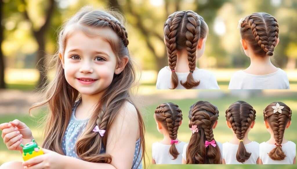 A cheerful young girl with long, flowing hair styled in elegant braids and updos, showcasing various hairstyles suitable for toddlers. In the foreground, her face beams with joy as she plays with a colorful toy. The middle ground features a variety of fashionable braided hairstyles, such as fishtail braids and twisted updos, each detailed with small flowers and ribbons for added charm. The background is a soft, blurred park setting with gentle sunlight filtering through the trees, creating a warm and inviting atmosphere. The image should use natural lighting to highlight the textures of the hair and the playful expressions, conveying a sense of fun and creativity in children's hairstyles. A cheerful young girl with long, flowing hair styled in elegant braids and updos, showcasing various hairstyles suitable for toddlers. In the foreground, her face beams with joy as she plays with a colorful toy. The middle ground features a variety of fashionable braided hairstyles, such as fishtail braids and twisted updos, each detailed with small flowers and ribbons for added charm. The background is a soft, blurred park setting with gentle sunlight filtering through the trees, creating a warm and inviting atmosphere. The image should use natural lighting to highlight the textures of the hair and the playful expressions, conveying a sense of fun and creativity in children's hairstyles.