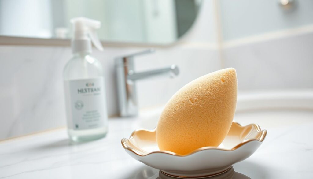A clean and modern bathroom setting as the background, featuring a well-lit countertop with a focus on a makeup sponge poised on a small, elegant dish. In the foreground, the sponge shows clear signs of wear, such as discoloration and fraying edges, conveying its previous use. Beside it, a small bottle of disinfectant with a spray nozzle glistens under soft, diffused lighting, highlighting the importance of maintenance. A sleek mirror reflecting the scene adds depth. The overall atmosphere is fresh and inviting, suggesting cleanliness and hygiene. The angle is slightly overhead to capture both the sponge and disinfectant clearly, emphasizing the act of caring for beauty tools.