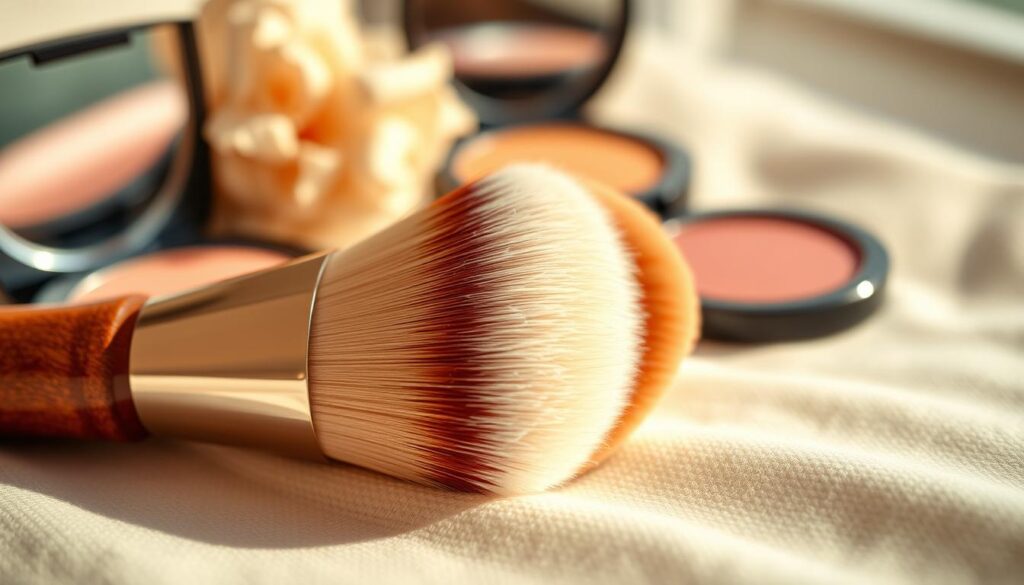A close-up composition featuring a foundation brush and a powder brush, elegantly placed side by side on a soft, textured cloth. The brushes should have luxurious, soft bristles in shades of cream and brown, with polished wooden handles. The background is softly blurred to emphasize the brushes, with warm, natural lighting that creates a serene and inviting atmosphere. Subtle hints of makeup such as a compact powder and a blush can be blurred in the background to add context, while maintaining focus on the brushes. The image should convey a sense of beauty and professionalism, ideal for a makeup enthusiast's toolkit.
