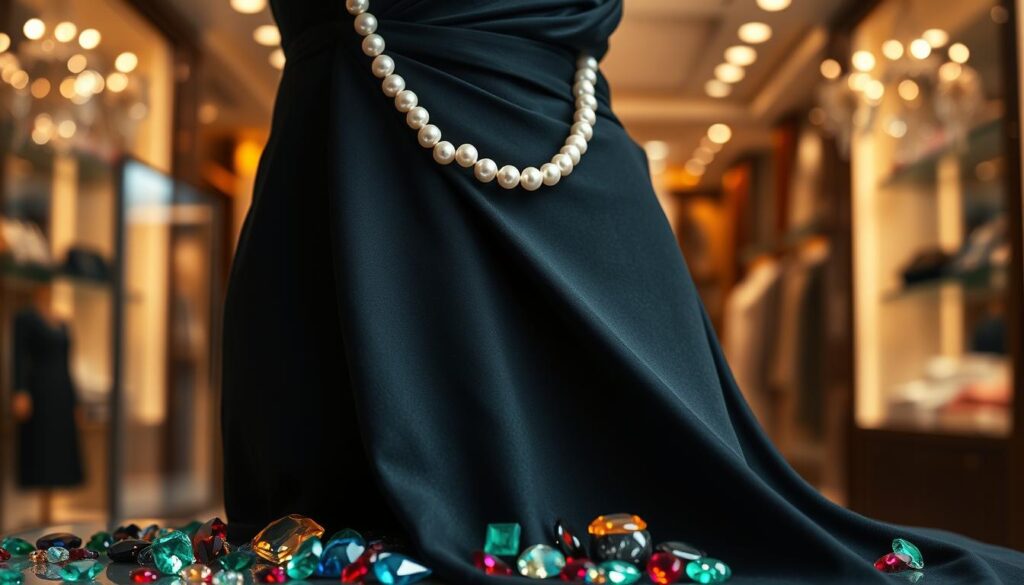 A close-up composition featuring an elegant black dress draped gracefully on a mannequin. Adorning the neckline are lustrous pearls, their iridescent sheen contrasting beautifully with the fabric. Scattered around the base of the dress are an array of colorful gemstones—emeralds, sapphires, and rubies—gleaming vibrantly and catching the light. The background is softly blurred, showcasing an upscale boutique atmosphere with warm, ambient lighting that enhances the luxurious feel. The focus is sharp on the dress and jewelry, highlighting their elegance and sophistication. The mood is one of opulence and class, perfect for illustrating a refined fashion statement.