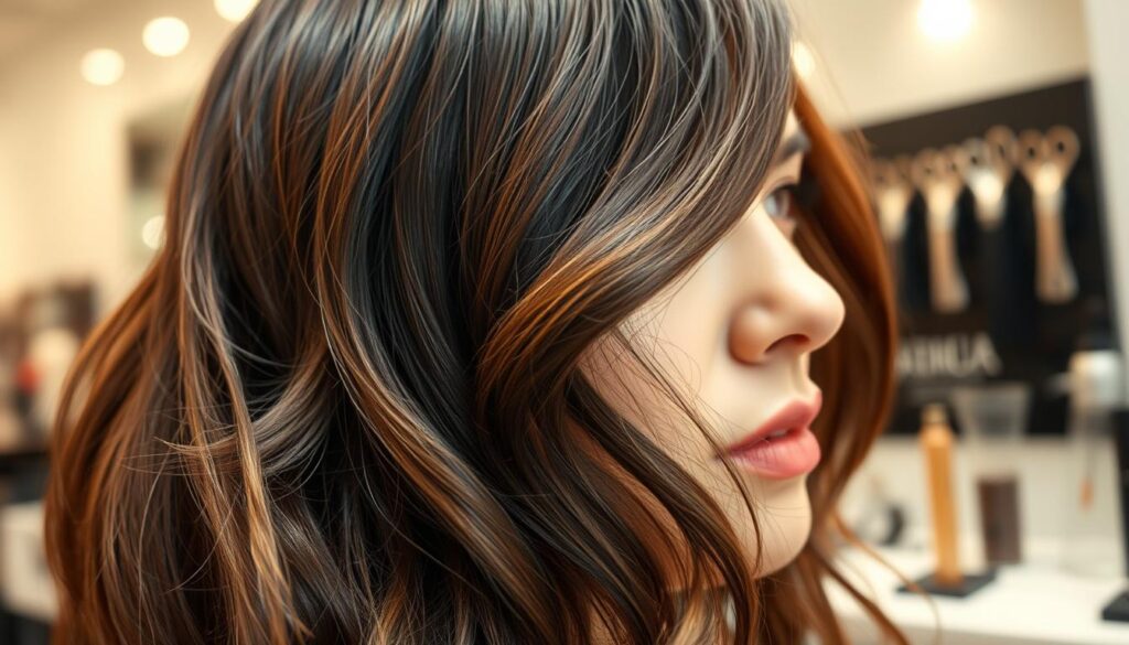 A close-up composition highlighting a modern, layered bob hairstyle. In the foreground, showcase a model with shiny, wavy hair that elegantly flows with soft layers, accentuating volume and texture. The hair should appear feathered and lightly tousled, reflecting light in a gradient of rich, dark to subtle lighter hues at the tips. In the middle background, a blurred salon setting, with professional tools like scissors and combs subtly in view, adds context. Use soft, warm lighting to enhance the model's features and create a casual yet sophisticated atmosphere. Capture the angle from slightly below, looking up at the hairstyle to emphasize its shape and flow, evoking a sense of elegance and lightness.