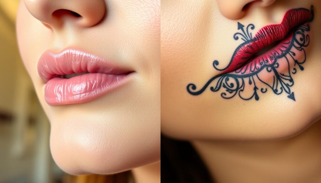 A close-up of a woman's lips, beautifully showcasing the subtle differences between permanent lip makeup and a classic tattoo. On the left side, the lips are elegantly enhanced with soft pink permanent makeup, appearing natural and radiant, while on the right side, a bold and intricate classic tattoo design is artistically etched onto the skin just above the lips. The background is softly blurred to keep the focus on the lips, featuring warm, natural lighting that creates a welcoming atmosphere. The shot is taken at a slight angle to emphasize the texture and detail of both the makeup and tattoo. The overall mood is informative and artistic, perfectly illustrating the contrast between the two techniques.