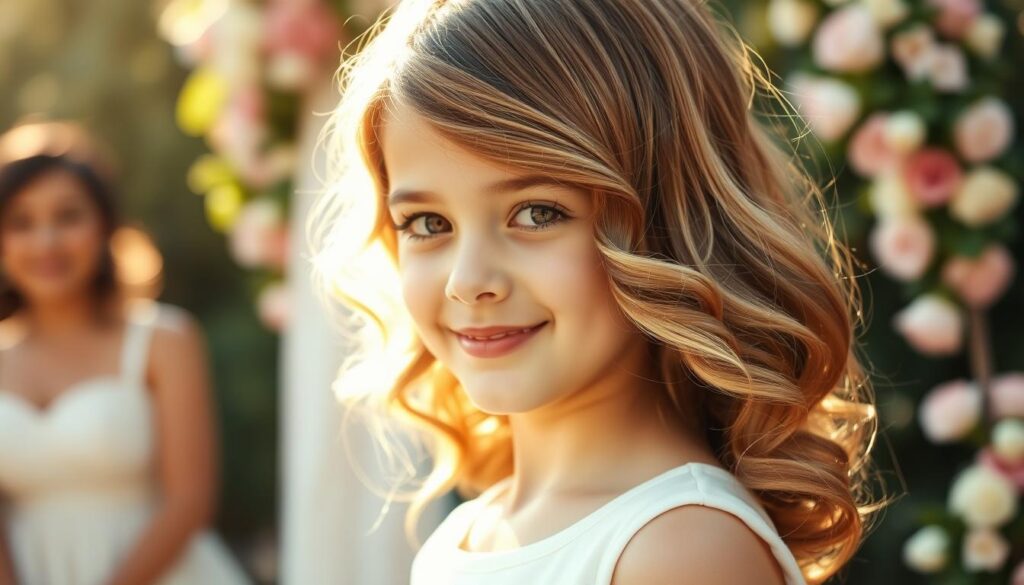 A close-up of a young girl at a wedding, showcasing her beautiful, flowing hair styled in loose waves and soft curls. The hair shines in the warm afternoon light, set against a softly blurred outdoor garden background adorned with elegant floral decorations. The girl's outfit is a charming, modest dress suitable for a wedding, complementing her hairstyle. A gently smiling expression captures the joy of the event, with the sun casting a natural glow. The image should have a soft focus on the foreground to highlight the girl's hair while maintaining a dreamy quality in the background. The overall mood is cheerful and festive, encapsulating the essence of a joyful wedding celebration.