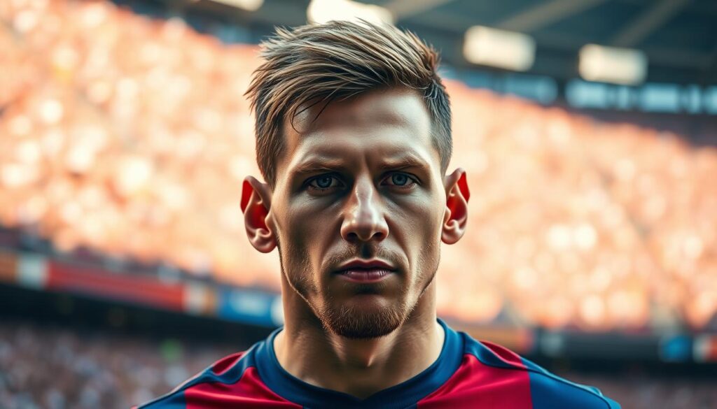 A close-up portrait of a male football player with a fresh, short haircut, reminiscent of Lionel Messi's style during the World Cup. The subject is wearing a classic football jersey, with a determined expression on his face, showcasing both passion and professionalism. The background features a blurred stadium filled with cheering fans, creating an atmosphere of excitement and anticipation. The lighting is bright and dynamic, highlighting the contours of his face and hair. The image is captured from a slightly lower angle to give an empowering perspective, evoking a sense of admiration for the player. The overall mood is vibrant and energetic, celebrating the evolution of football hairstyles.