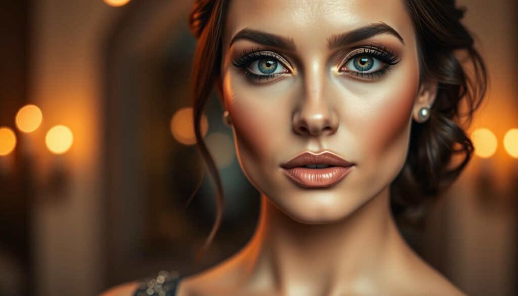A close-up portrait of a woman showcasing an evening smoky eye makeup look enhanced with pink gold accents, designed to emphasize green eyes. The foreground features her mesmerizing gaze, highlighting the blended dark and shimmering shades of eyeshadow, expertly applied to create depth and allure around her eyes. Her lips are adorned with a soft nude gloss, complementing the overall glamor of her look. The background is softly blurred, featuring a dimly lit setting with warm ambient lighting, evoking a sophisticated and elegant atmosphere. The woman is wearing a tasteful evening outfit, with her hair styled elegantly. The scene is captured in sharp focus, emphasizing the artistry of the makeup.