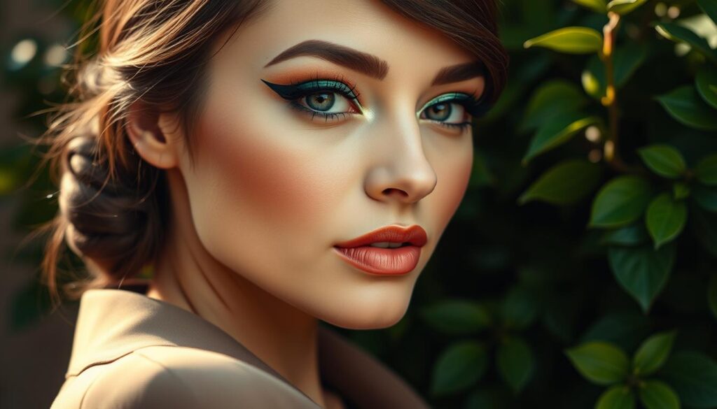 A close-up portrait of a woman with elegant makeup, showcasing a subtle green accent applied near her eye, enhancing her features. The foreground highlights the eye area with a gentle shimmer and perfectly blended eyeliner, creating a striking yet tasteful appearance. The middle section of the image includes soft, natural skin tones, with the woman wearing a stylish outfit that complements her makeup. Her hair is styled in a chic bun, adding sophistication. The background is softly blurred, featuring hints of green foliage to evoke a fresh and vibrant atmosphere. The lighting is warm and inviting, casting a soft glow on her face, captured at a slight angle to emphasize the beauty of the makeup without overwhelming the viewer.
