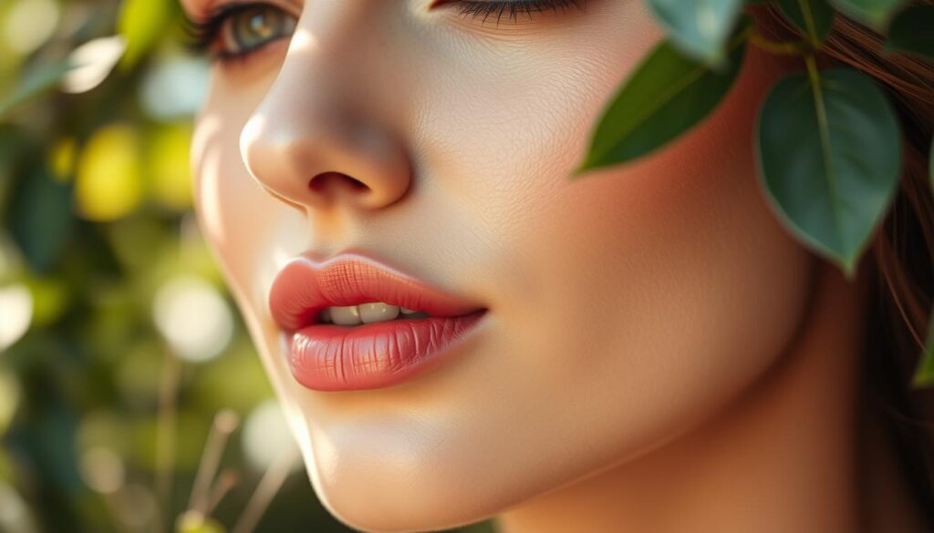 A close-up portrait of a woman with elegantly enhanced lips, showcasing the optical effect of fuller-looking lips through subtle pigmentation. The woman has a warm skin tone, and her makeup is tastefully applied with a focus on natural beauty—her lips a soft, rich hue that appears plumped and inviting. The background features a softly blurred natural setting, evoking a serene atmosphere filled with soft, diffused sunlight filtering through leaves. The lighting should highlight the contours of her lips, emphasizing their fullness while maintaining a soft glow on her face. The angle should be slightly above eye level to capture the lips from a flattering perspective, conveying a sense of warmth and confidence.