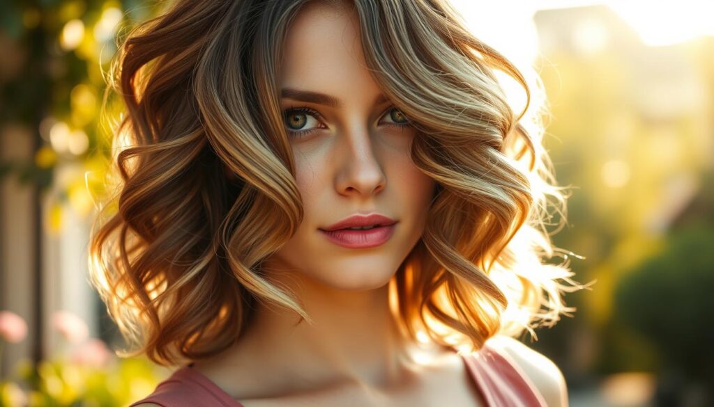 A close-up portrait of a woman with medium-length, wavy hair, showcasing soft, voluminous curls that frame her face beautifully. Her hair glistens in natural sunlight, giving it a healthy, lustrous appearance, enhancing the texture of the waves. The background features a softly blurred garden scene, bathed in warm, golden light, creating an inviting and serene atmosphere. The woman is wearing a stylish, modest casual outfit, exuding elegance and charm. The angle of the shot is slightly tilted to showcase both her hair and facial features, conveying a sense of movement and vitality. The overall mood is one of femininity and grace, emphasizing the beauty of hair styled in gentle waves.