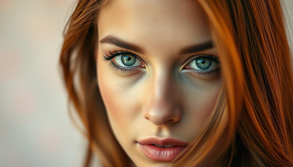 A close-up portrait of a woman with striking green eyes, showcasing her natural beauty and highlighting her unique type of beauty. She has long, flowing chestnut hair, styled elegantly. Her makeup features eye shadows in complementary shades, enhancing the depth of her green eyes while her skin radiates a healthy glow. The foreground focuses on her captivating expression, with her gaze directed slightly off-camera to create intrigue. The background is softly blurred, suggesting a dreamy, ethereal atmosphere with soft pastel colors. The lighting is warm and flattering, designed to highlight her features without harsh shadows, evoking a serene and inviting mood. The composition is balanced, emphasizing the harmony between her eyes, hair, and makeup.