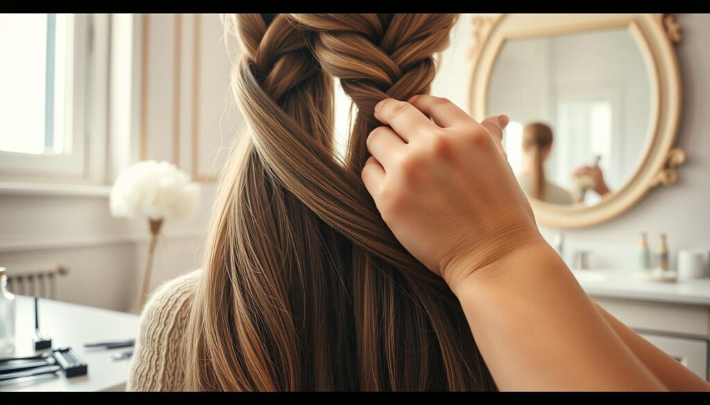 A close-up scene focusing on the preparation of hair for braiding a fishtail braid. The foreground features a pair of hands gently separating and smoothing long, flowing hair, showcasing a range of textures. A variety of hair tools, including clips and a fine-tooth comb, are neatly arranged nearby. The middle ground presents an aesthetically pleasing bathroom or dressing area, softly lit with natural light streaming in from a window, casting a warm glow. Light wood or pastel-colored elements create a serene atmosphere. In the background, a soft-focus mirror reflects the elegant setting, enhancing the mood of serenity and focus. The composition conveys a step-by-step preparation process, inviting viewers to imagine themselves in this tranquil moment.