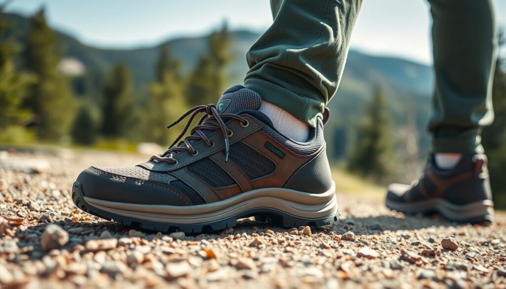 A close-up shot of high-quality Landrover footwear, showcasing the intricate materials like rugged leather and breathable mesh. The footwear is positioned on a textured outdoor surface, like gravel or dirt, to emphasize its durability. In the background, subtly blurred, are scenic hiking trails and pine trees, suggesting an adventurous atmosphere. The lighting is natural, highlighting the shoes' features and textures, with soft sunlight creating dynamic shadows. A shallow depth of field draws attention to the shoes, while the overall mood conveys comfort, functionality, and a spirit of exploration, appealing to outdoor enthusiasts and adventurers. A close-up shot of high-quality Landrover footwear, showcasing the intricate materials like rugged leather and breathable mesh. The footwear is positioned on a textured outdoor surface, like gravel or dirt, to emphasize its durability. In the background, subtly blurred, are scenic hiking trails and pine trees, suggesting an adventurous atmosphere. The lighting is natural, highlighting the shoes' features and textures, with soft sunlight creating dynamic shadows. A shallow depth of field draws attention to the shoes, while the overall mood conveys comfort, functionality, and a spirit of exploration, appealing to outdoor enthusiasts and adventurers.