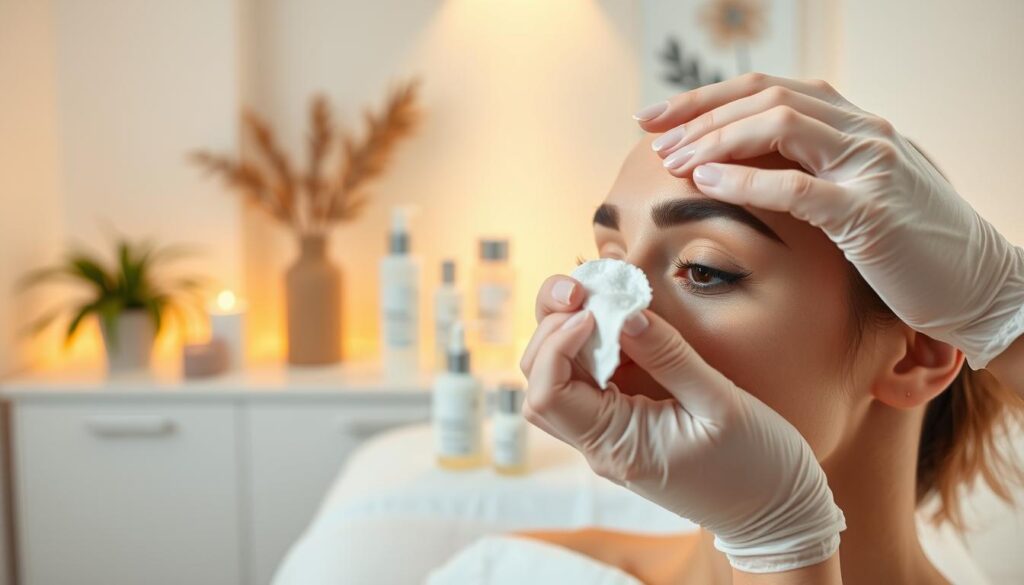 A close-up view of a beautician gently cleansing freshly micro-pigmented eyebrows, set against a minimalist, softly lit treatment room. In the foreground, a pair of delicate hands, wearing clean, white gloves, hold a cotton pad soaked in a soothing cleanser, carefully dabbing the brow area. The middle ground features a well-lit, modern treatment table with professional skincare products elegantly arranged, highlighting their textured bottles. The background includes soft-focus decorative elements like plants or calming artwork that create a serene atmosphere while maintaining a clean, professional look. The lighting is warm and inviting, emphasizing a gentle, caring approach to skincare. The scene radiates tranquility and professionalism, perfect for conveying the delicate process of aftercare.