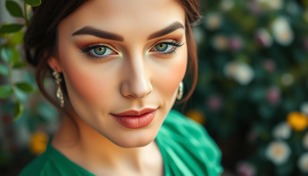 A close-up view of a beautifully styled woman wearing a vibrant green dress, showcasing elegant eye makeup that highlights the eyes' allure. The woman's eyelids are adorned with rich, complementary eyeshadow shades, such as soft gold and deep brown, expertly blended to enhance her natural beauty. In the foreground, the focus is on her eyes, accentuated by subtle eyeliner and perfectly shaped eyebrows. The background features a softly blurred outdoor garden setting, with hints of greenery and flowers, creating a fresh and lively atmosphere. Soft, natural lighting enhances her features, while a slight bokeh effect gives the image a dreamy quality. Capture the essence of a refined makeup look perfect for special occasions, emphasizing elegance and sophistication.