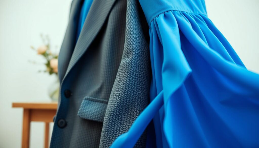 A close-up view of a chic blazer fabric placed harmoniously beside a vibrant cornflower blue dress. The blazer material showcases a rich texture, possibly tweed or lightweight wool, with intricate patterns that enhance its elegance. The dress is flowing, accentuating its bright hue and feminine silhouette. Soft, diffused lighting illuminates the scene, creating a warm, inviting atmosphere that highlights the contrast between the two pieces. In the background, a simple wooden table adds a touch of warmth, while a soft-focus botanical arrangement provides a natural touch. The overall mood is sophisticated and stylish, embodying a blend of classic and modern fashion elements, perfect for a polished look.