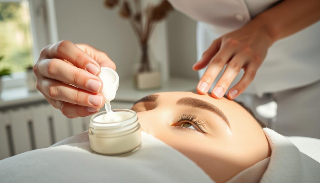 A close-up view of a professional aesthetician applying a nourishing cream to freshly treated eyebrows after a permanent makeup procedure. The foreground features the aesthetician’s hands gently massaging the product into the skin, with a delicate focus on a small jar of healing balm nearby. In the middle ground, the eyebrows are visibly rich in color and glossy, showcasing the vibrancy of the pigment. The background includes a softly lit treatment room, emphasizing a serene and clean environment with subtle hints of botanical decor. Natural light filters through a window, creating a calm and inviting atmosphere. The aesthetician is dressed in a clean, white professional uniform, exuding expertise and care. The overall mood is one of relaxation and attentive skincare.