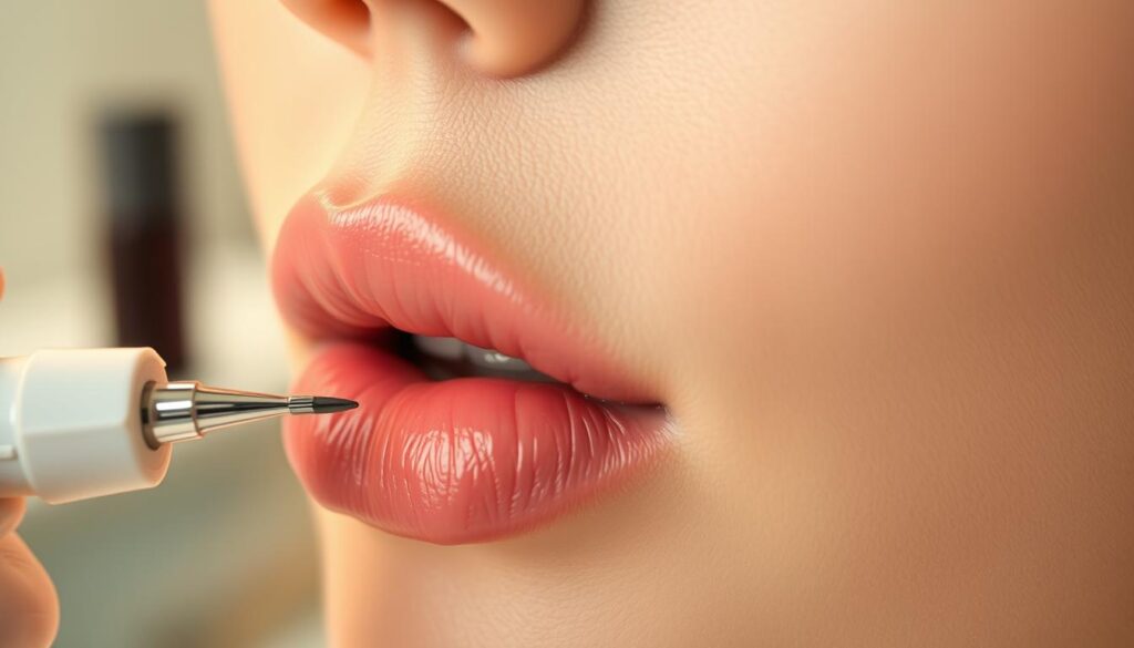 A close-up view of a woman's lips undergoing the healing process after a semi-permanent lip makeup procedure. The foreground features a detailed depiction of the lips, showing stages of pigmentation changes with a smooth, fresh appearance, and subtle swelling. In the middle ground, gently blurred tools like a microneedle and pigmentation ink can be seen, symbolizing the process. The background is softly focused with warm, natural lighting that conveys a calming atmosphere. The scene is shot at a slight angle to emphasize the contours of the lips and the artistry of the procedure, creating a sense of professionalism and care. The overall mood evokes a sense of transformation and beauty, illustrating the healing journey of lip enhancement.