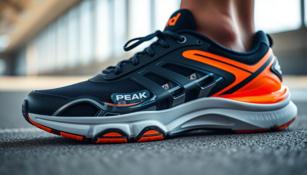 A close-up view of advanced cushioning technology in PEAK sports shoes, prominently showcasing the innovative materials used for shock absorption. The foreground features a detailed, well-lit image of a PEAK shoe with transparent sections revealing the inner cushioning system. In the middle ground, a low-angle shot captures the shoe’s sleek design and vibrant colors, emphasizing its contemporary style. The background is softly blurred to focus on the shoe, featuring a subtle gradient that suggests a dynamic, athletic environment. Use natural lighting to create depth, and aim for a professional, inspiring atmosphere that resonates with sports enthusiasts and emphasizes technological innovation in footwear.