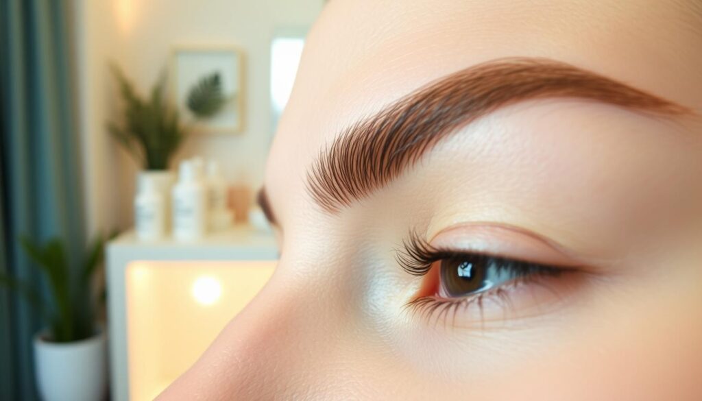 A close-up view of freshly shaped eyebrows undergoing the healing process after a microblading treatment. In the foreground, focus on the eyebrows, showing a light redness and slight swelling, emphasizing their natural arch and depth. In the middle ground, include a calm, well-lit setting with a skincare product nearby, symbolizing aftercare. The background should be soft and out of focus, featuring a cozy, minimally decorated beauty salon. Use soft, diffused lighting to create a soothing atmosphere, highlighting the texture of the skin around the brows. Capture this scene from a slightly elevated angle to give an intimate perspective, evoking a sense of care and recovery in the healing process of eyebrow tattooing.