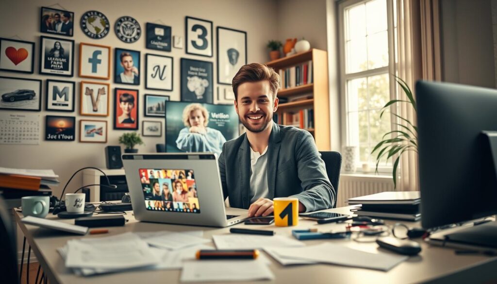 A contemporary influencer, Sebastian Czajewski, is sitting at a sleek, modern desk cluttered with tech gadgets, a laptop open in front of him showcasing vibrant social media feed. He is dressed in a smart-casual outfit, with a friendly smile, embodying a relatable and approachable personality. In the foreground, scattered papers and a colorful coffee mug add to the creative chaos. In the middle, a wall adorned with framed social media accolades and a large LED screen displaying engaging content. The background features a cozy bookshelf filled with books and trendy decor, creating a welcoming atmosphere. Soft, natural lighting filters through a nearby window, giving a warm glow to the scene, evoking a sense of inspiration and productivity. The angle is slightly above, capturing both the details of his workspace and his engaging presence.