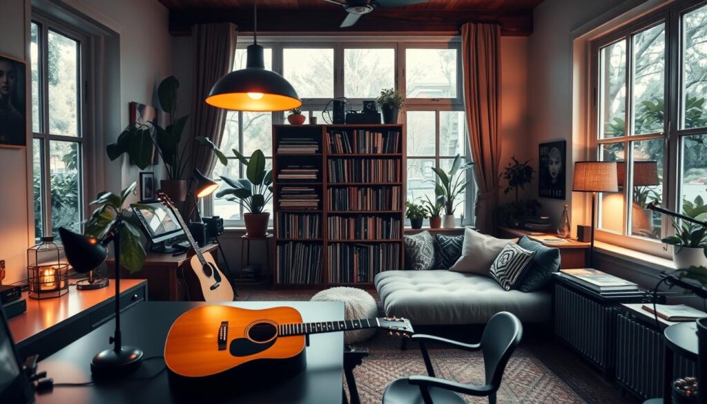 A cozy and artistically designed home interior reflecting the personal space of a musician. In the foreground, a well-organized workspace with a sleek desk and acoustic guitar, illuminated by warm, soft lighting from an overhead pendant lamp. The middle ground features a comfortable reading nook with plush cushions and an eclectic bookshelf filled with art books and vinyl records. The background reveals large windows allowing natural light to flow in, framed by lush indoor plants, creating a serene atmosphere. The overall mood is inviting and creative, blending modern decor with personal touches, showcasing a space where an artist finds inspiration and comfort. Use a wide-angle perspective to capture the entirety of this intimate setting.