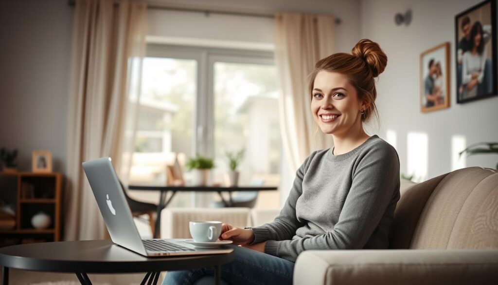 A cozy and modern living room setting where Marysia, a young woman in her late twenties, is casually enjoying her day. She has light brown hair styled in a casual updo, wearing a stylish yet comfortable outfit, such as a fitted sweater and jeans. In the foreground, she is sitting on a plush sofa, with a laptop open in front of her, and a steaming cup of coffee on a side table. The middle ground features a few personal touches like family photos and plants, creating a warm, inviting atmosphere. The background is softly illuminated by natural light streaming through a large window, highlighting the contemporary decor and giving a sense of a peaceful, private life. The mood is relaxed and joyful, capturing Marysia's essence in her everyday environment.