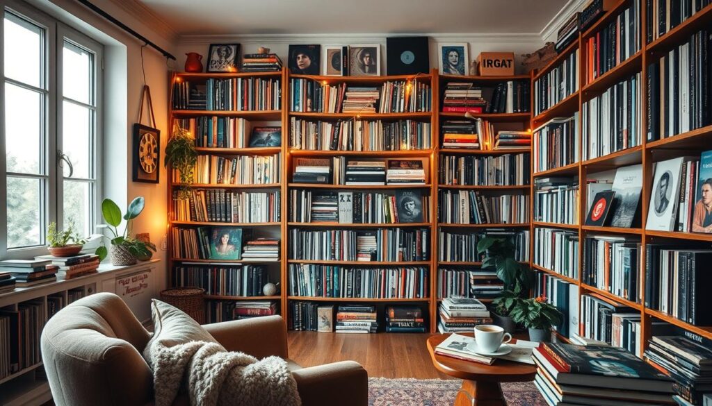 A cozy home library belonging to Kuba Grabowski, featuring shelves filled with books, vinyl records, and artistic decor that reflects his unique style. In the foreground, a comfortable reading nook with a plush armchair, a warm throw blanket, and a small side table with a steaming cup of coffee. In the middle ground, a wooden bookshelf brimming with a mix of classic literature and contemporary works, accented by soft glowing fairy lights. The background reveals large windows with natural light streaming in, illuminating the space and creating a serene atmosphere. The overall mood is warm, inviting, and artistic, embodying a creative sanctuary. Use soft lighting to enhance the intimate feel, capturing the essence of a musician's private world.