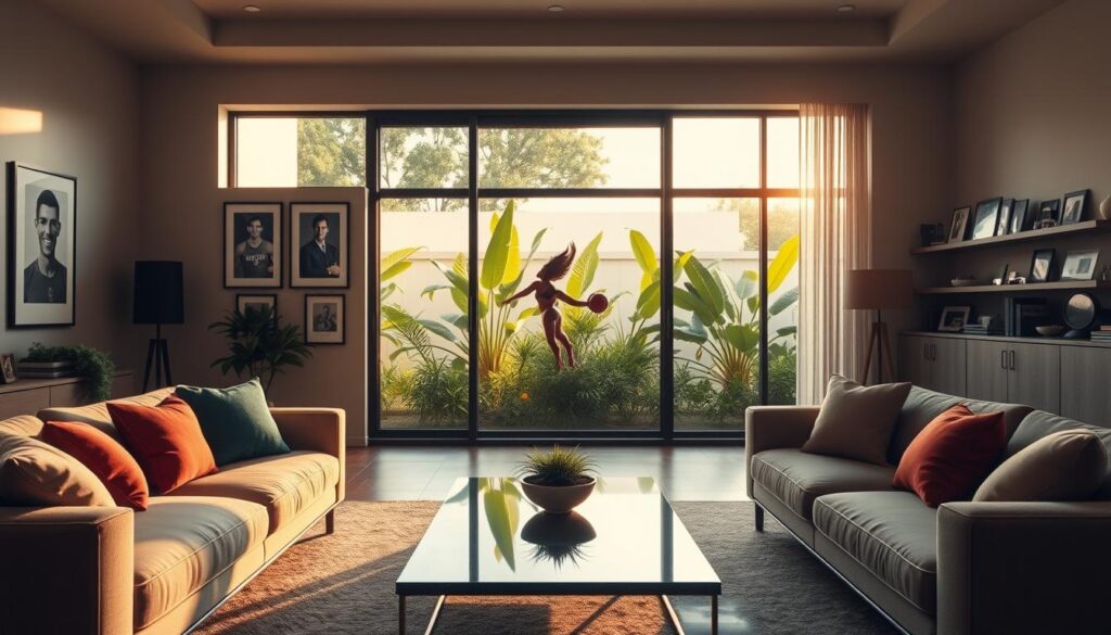 A cozy, modern living room in Wilfredo Leon's elegant home in Poland, showcasing his personal touch. In the foreground, a plush sofa adorned with colorful cushions faces a sleek coffee table. The middle ground reveals an impressive wall with framed volleyball memorabilia, highlighting his athletic achievements. Large windows in the background let in soft, warm sunlight, illuminating a green garden with tropical plants, reflecting a serene atmosphere. The room features minimalist decor with a blend of contemporary art and family photos on shelves. The light should create a welcoming ambiance, emphasizing a space where relaxation meets inspiration. Capture the essence of a private sanctuary for a world-class athlete, highlighting both comfort and style.