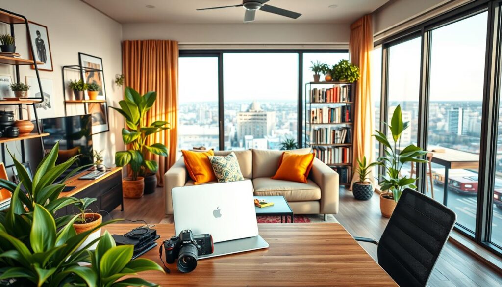 A cozy, modern living space reflecting the lifestyle of a popular influencer. In the foreground, a stylish desk with a laptop and a camera, surrounded by vibrant plants and aesthetically pleasing decor. The middle features a comfortable sofa with vibrant cushions and a tasteful bookshelf filled with books and personal items, showcasing personality. In the background, large windows allow warm, natural light to flood the room, revealing a scenic view of a lively cityscape. The atmosphere feels inviting and creative, with a hint of professionalism. Soft, diffused lighting enhances the inviting vibe, while the overall composition focuses on balance and depth, capturing the essence of an influencer's home.