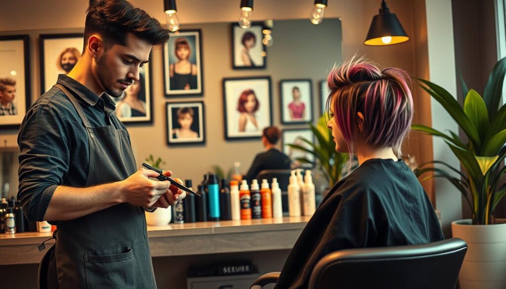 A cozy, stylish hair salon interior showcasing a professional hair stylist giving a trendy haircut to a teenage client. The foreground features the stylist concentrating while using scissors and a comb, wearing a neat apron and modest casual clothing. The teenage client has a modern hairstyle, displaying vibrant hair colors styled in an edgy fashion. In the middle, a large mirror reflects framed inspirational hairstyle images on the wall, with various hair care products neatly arranged on a countertop, emphasizing hair styling and maintenance. Soft, warm lighting enhances the inviting atmosphere, while a hint of greenery from potted plants in the background adds freshness. The whole scene conveys a dynamic and youthful vibe, showcasing the latest trends in hair care and styling.