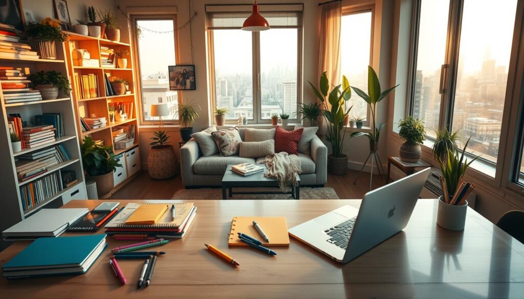 A cozy urban apartment interior showcasing the daily life of a well-known internet creator. In the foreground, a neatly organized desk with a laptop, colorful notebooks, and creative stationery reflects the vibrancy of the creator's personality. In the middle, a comfortable seating area with plush cushions, surrounded by shelves filled with books, art supplies, and plants, conveys an inviting atmosphere. In the background, large windows let in warm, natural light, casting a golden hue across the room, while a cityscape can be seen outside, indicating an urban setting. The overall mood is cheerful and inspiring, highlighting a blend of creativity and comfort, suitable for depicting the lifestyle of a digital content creator.