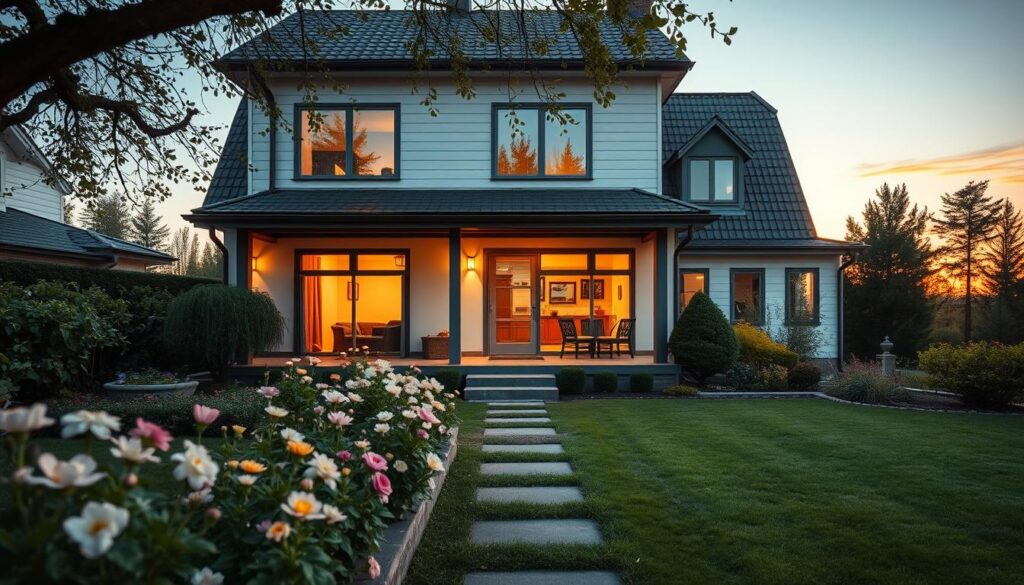 A cozy yet elegant suburban home in Poland, reflecting a blending of modern design with traditional elements. In the foreground, a well-manicured garden is adorned with blooming flowers, leading to a welcoming front porch. The middle section showcases the house, featuring large windows that capture soft, golden evening light, highlighting the inviting interior. The background reveals a serene landscape with lush trees and a peaceful sunset sky, creating a warm atmosphere. Capture this scene from a slightly elevated angle to emphasize the richness of the architecture and garden, evoking a sense of tranquility. The mood is serene and harmonious, perfect for a homecoming after a journey abroad.