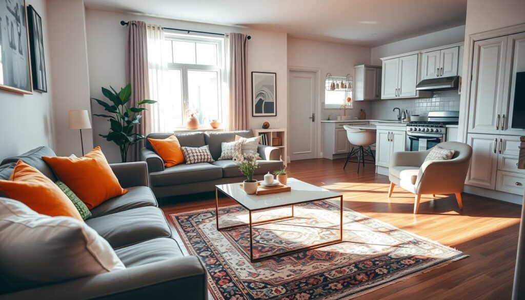 A cozy yet modern temporary home for a popular influencer, showcasing a stylish living room with contemporary furniture and vibrant decor. In the foreground, a plush sofa with colorful cushions, a sleek coffee table, and Instagram-worthy decor items. The middle ground features a large window with soft natural light pouring in, casting warm shadows across the space, and a vintage rug on a polished wooden floor. In the background, glimpses of a well-equipped kitchen with elegant cabinetry. The atmosphere is welcoming and trendy, fostering a sense of comfort and creativity. The image is captured at a slight angle to emphasize depth, using bright but soft lighting to create an inviting feel. A cozy yet modern temporary home for a popular influencer, showcasing a stylish living room with contemporary furniture and vibrant decor. In the foreground, a plush sofa with colorful cushions, a sleek coffee table, and Instagram-worthy decor items. The middle ground features a large window with soft natural light pouring in, casting warm shadows across the space, and a vintage rug on a polished wooden floor. In the background, glimpses of a well-equipped kitchen with elegant cabinetry. The atmosphere is welcoming and trendy, fostering a sense of comfort and creativity. The image is captured at a slight angle to emphasize depth, using bright but soft lighting to create an inviting feel.