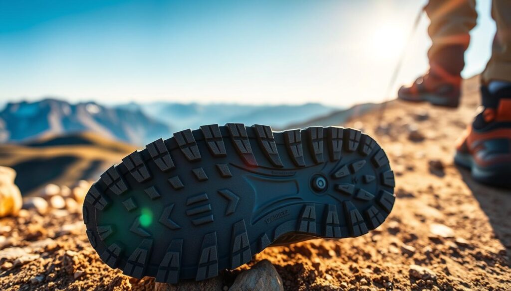 A detailed close-up of a trekking shoe's sole, showcasing its advanced traction pattern for hiking. The foreground features the textured rubber outsole, highlighting grooves and lugs designed for optimal grip on various terrains. In the middle ground, a rugged mountain trail is visible, partially blurred to emphasize depth, with scattered rocks and dirt suggesting an adventurous environment. The background shows a panoramic view of majestic mountains under a clear blue sky, bathing the scene in warm, natural sunlight. The overall mood is one of rugged exploration and outdoor excitement, inviting hikers to experience the functionality of Alpina trekking footwear.