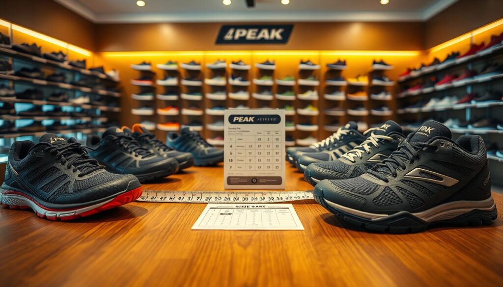 A detailed display of various Peak footwear models arranged on a sleek wooden table. In the foreground, close-up shots of different shoe sizes, showcasing their unique designs and features. The middle ground features a stylized measuring tape and a size chart for reference, emphasizing the importance of proper fitting. In the background, a bright sports store environment with shelves filled with more Peak shoes, illuminated by warm, inviting lighting. The atmosphere conveys a sense of excitement and professionalism, ideal for sport enthusiasts. The image should have a shallow depth of field, with a focus on the shoes in the foreground, emphasizing their details, while the background is softly blurred for depth.