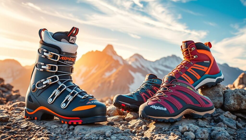A dynamic display of ski boots and outdoor footwear arranged artistically against a rugged mountain landscape backdrop. In the foreground, showcase a pair of durable, high-performance ski boots intricately designed, featuring bright colors and technical materials, complemented by a vibrant pair of trekking shoes that reflect Alpina's signature style. The middle layer reveals rocky terrain and snow-capped peaks, illuminated by warm, golden sunlight suggesting a late afternoon setting, enhancing the textures of the footwear. In the background, include a clear blue sky with wispy clouds, evoking a sense of adventure and exploration. The overall atmosphere conveys excitement and a passion for outdoor activities, emphasizing the reliability and appeal of the Alpina brand to trekking enthusiasts.