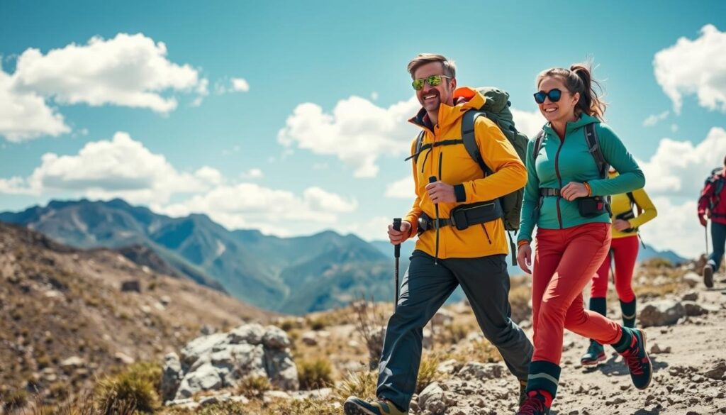A dynamic outdoor scene showcasing a group of hikers equipped with CMP trekking clothing and footwear, demonstrating advanced materials and technologies. In the foreground, a male and female hiker wear vibrant, functional jackets and pants designed for mountain trails, emphasizing breathability and water resistance. The middle ground features a rugged trail with rocky terrain and sparse vegetation, highlighting the adventurous spirit of trekking. The background reveals majestic mountains under a bright blue sky, with fluffy clouds adding depth. Natural sunlight bathes the scene, casting soft shadows and enhancing the textures of the clothing. The atmosphere conveys excitement and the spirit of exploration, capturing the essence of outdoor adventure in nature.