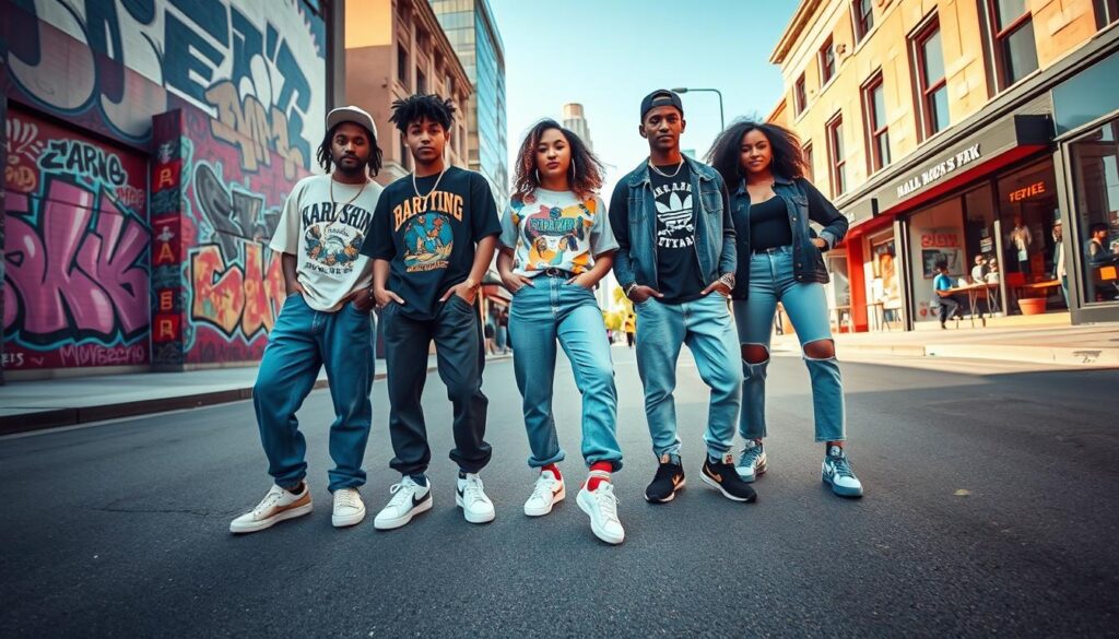 A dynamic street scene featuring diverse young adults styled in urban fashion, showcasing trendy sneakers and baggy jeans. In the foreground, a group of three friends poses confidently, one wearing Karl Kani shoes paired with oversized graphic t-shirts and relaxed-fit denim. The middle ground features a vibrant city backdrop with graffiti-covered walls and stylish store fronts, enhancing the urban vibe. Soft afternoon sunlight casts warm shadows, creating an inviting atmosphere. A slight low-angle view captures the fashion details while emphasizing the skyline. The color palette is lively yet balanced, reflecting contemporary street style and energy.