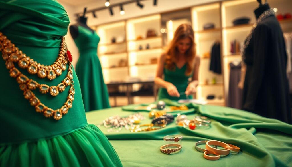 A fashion-focused scene illustrating common mistakes in choosing jewelry for a green dress, featuring tiered layers. In the foreground, a close-up of mismatched accessories like a chunky gold necklace and bright red earrings clashing with an elegant emerald gown on a mannequin. In the middle ground, a stylist examines jewelry choices on a vibrant green silk fabric spread on a table, with accessories like bracelets and rings scattered carelessly. The background showcases a soft-focus boutique setting with warm ambient lighting that creates a welcoming vibe. The overall mood is informative yet stylish, capturing the essence of fashion faux pas in a sophisticated manner.