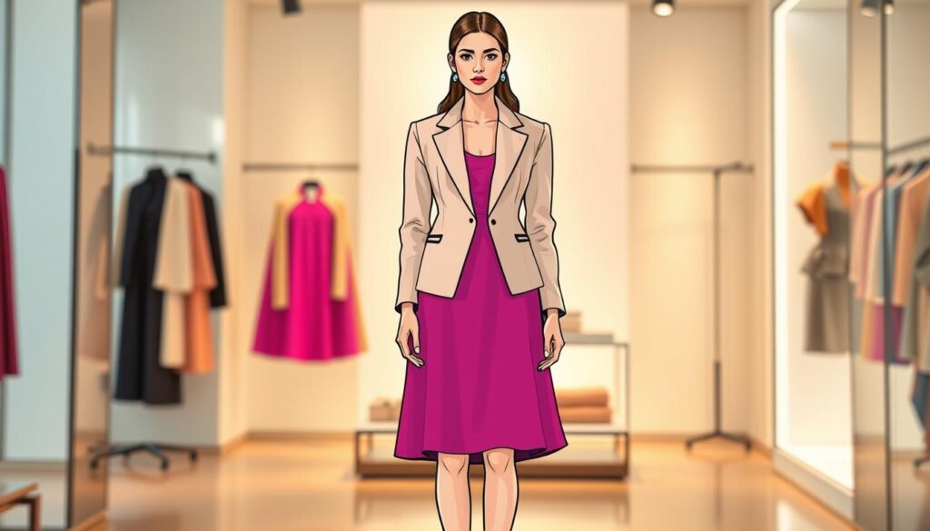 A fashion illustration showing a tailored jacket paired with a fuchsia dress, focusing on the relationship between the jacket's length and the dress's cut. In the foreground, display a mid-length fitted blazer in a soft pastel color, with structured shoulders, elegantly complementing a flowing knee-length, A-line fuchsia dress. The model, dressed modestly, stands with a confident posture, showcasing the outfit’s harmonious styling. In the middle ground, capture a softly illuminated boutique setting with fashion racks and elegant displays, emphasizing style and sophistication. The lighting should be warm and inviting, creating a relaxed atmosphere. The background should be slightly blurred to keep the focus on the model's outfit. The image should convey both chic professionalism and contemporary fashion finesse.