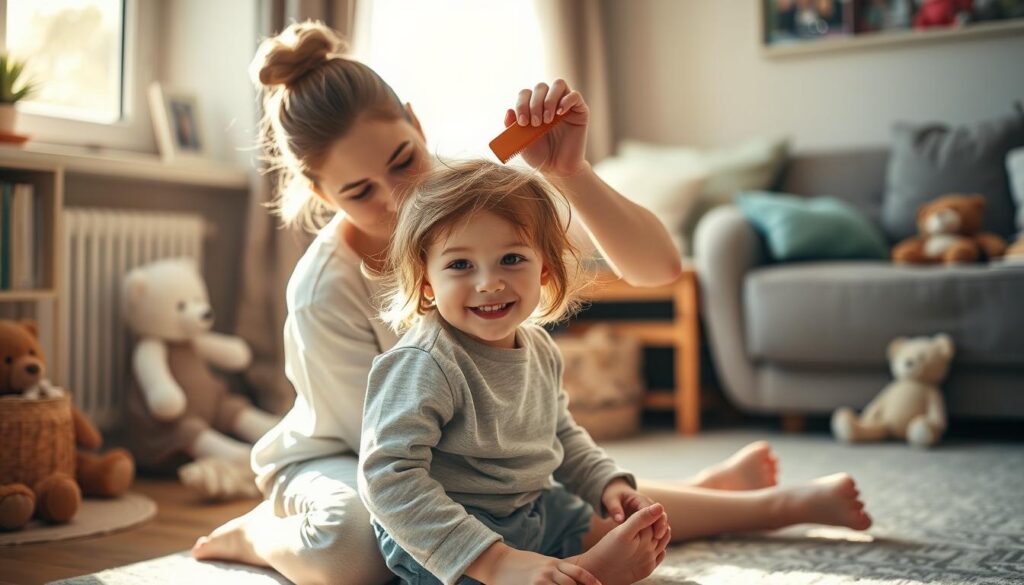 A gentle scene depicting a caring parent softly brushing the hair of a small child in a cozy, well-lit living room. The child, around three years old, has playful, tousled hair and a joyful expression. The parent, wearing a comfortable, modest outfit, kneels on the floor, using a wide-toothed comb to carefully untangle locks without pulling, showcasing a nurturing approach to haircare. Sunlight streams through a nearby window, casting a warm glow, while friendly stuffed animals and children's books are arranged in the background, adding to the inviting atmosphere. The focus is on the loving interaction and the serene mood of the moment, capturing the essence of patience and care in the hair-brushing process. A gentle scene depicting a caring parent softly brushing the hair of a small child in a cozy, well-lit living room. The child, around three years old, has playful, tousled hair and a joyful expression. The parent, wearing a comfortable, modest outfit, kneels on the floor, using a wide-toothed comb to carefully untangle locks without pulling, showcasing a nurturing approach to haircare. Sunlight streams through a nearby window, casting a warm glow, while friendly stuffed animals and children's books are arranged in the background, adding to the inviting atmosphere. The focus is on the loving interaction and the serene mood of the moment, capturing the essence of patience and care in the hair-brushing process.