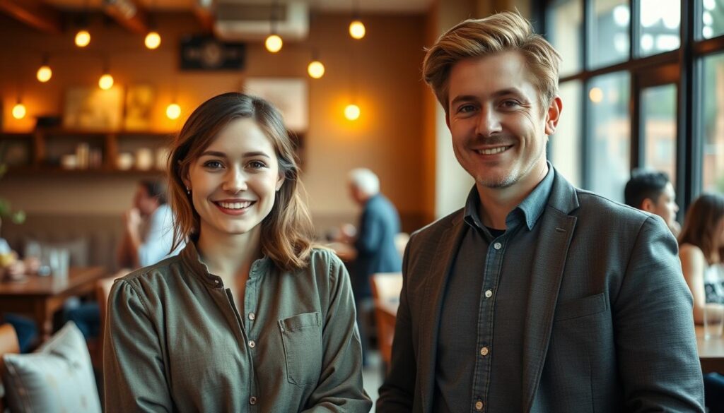 A heartfelt scene depicting Marysia and Henio after their time on the program, showcasing their relationship and emotional journey. In the foreground, capture Marysia, a young woman with brown hair and a warm smile, wearing a stylish yet modest casual outfit. Henio stands beside her, a tall man with light hair, dressed in smart casual attire, showing a supportive and reassuring expression. The middle section features a cozy café setting with warm lighting, wooden tables, and soft cushions, creating an inviting atmosphere. In the background, blurred café patrons engage in lively conversation, enhancing the sense of community. The scene should convey a mood of tenderness and connection, highlighting a pivotal moment in their relationship with soft, natural lighting that adds warmth to the image.