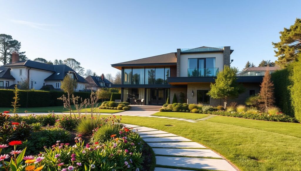 A modern, stylish home reflecting the taste of a well-known economist and politician, Ryszard Petru. The foreground features a beautifully landscaped garden with lush greenery and colorful flowers, leading to an inviting entrance. In the middle ground, an elegantly designed house with large windows and a contemporary facade appears, showcasing a blend of simplicity and sophistication. The background includes a serene neighborhood setting with tree-lined streets under a clear blue sky, giving a sense of tranquility. Soft morning light highlights the home’s architectural details, shot from a slightly elevated angle to capture its grandeur. The atmosphere is warm and welcoming, conveying a sense of success and comfort, suitable for an influential figure’s residence.