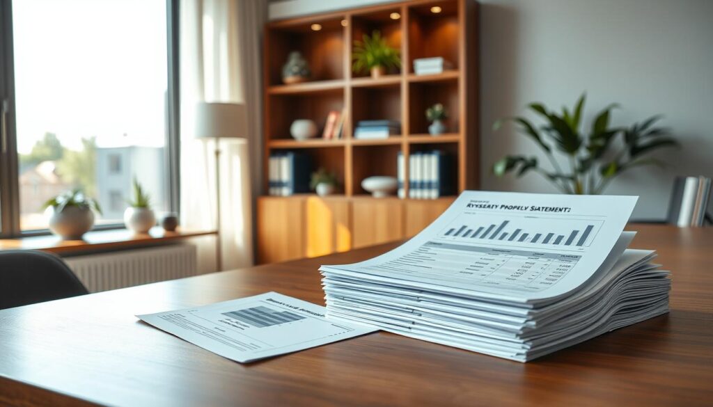 A modern, stylish office setting showcasing a detailed financial statement, meticulously arranged on a sleek wooden desk. In the foreground, neatly stacked papers reveal key financial figures with symbols for real estate, investment, and wealth management, illustrating the financial profile of Ryszard Petru. The middle ground features elegant decor with a bookshelf containing economic literature and decorative plants, creating a sophisticated atmosphere. In the background, a large window allows natural light to flood the room, enhancing the professional ambiance. Use soft, diffused lighting to cast subtle shadows, emphasizing the seriousness of the subject matter. The image conveys a mood of professionalism and trustworthiness, enhancing the theme of wealth and property ownership.
